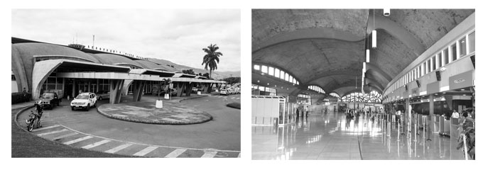 IZQUIERDA :Aeropuerto Olaya Herrera, Medellín. Arquitecto Elías Zapata Sierra. DERECHA Interior aeropuerto Olaya Herrera, Medellín. Foto Carlos Niño.
