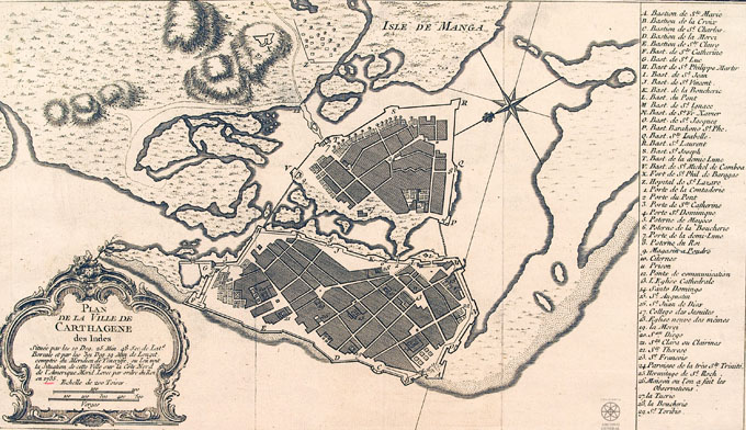 Cartagena, 1735. Plano topografico de la villa y sus inmediaciones con relacion a los edificios mas importantes. Archivo General de la Nación.Mapoteca 4,Ref x-5.