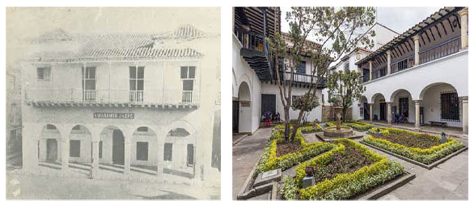izquierda :Casa de Contratación o Casa de la Isla (L. F. Jaspe, 1915?). Cortesía de la Fototeca Histórica de Cartagena / UTB. Derecha :Casa de la Moneda de Santa Fe.