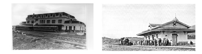 Izquierda Fachada principal Estación Chiquinquirá, 1942. Derecha Estación El Bosque. ca. 1926. Fotografía de Benjamín de la Calle. Fuente: Fundación Ferrocarril de Antioquía.