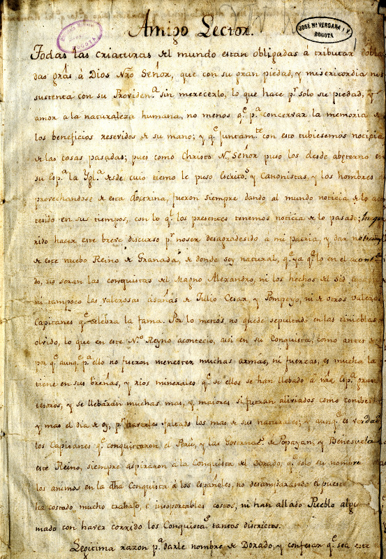 Primera página del manuscrito de El Carnero, escrito por Juan Rodríguez Freyle entre 1636 y 1638. Colección Biblioteca Nacional de Colombia.