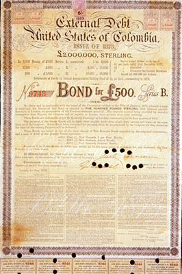 Bono de 500 libras esterlinas de la deuda externa de los Estados Unidos de Colombia, 1873.