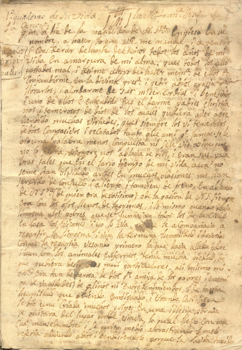 Fragmento de la segunda página manuscrita del texto Mi vida de Francisca Josefa del Castillo y Guevara, ca. 1700. Colección Biblioteca Luis Ángel Arango.