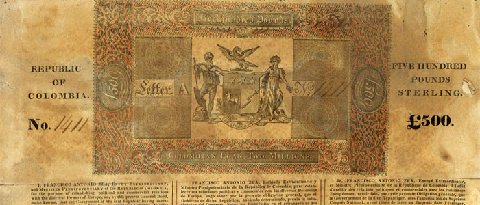 Fragmento de un bono del empréstito de la República de Colombia por $500 libras esterlinas, marzo 13 de 1822. Colección Museo Nacional de Colombia. Reg. 1793.3