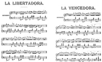 Partituras de las contradanzas La libertadora y La vencedora, interpretadas por el alférez José María Cancino en el campo de la batalla de Boyacá el 7 de agosto de 1819.