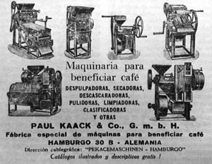 Publicidad de máquinas importadas de Alemania para el beneficio del café. Revista Cafetera, 1930.
