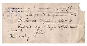 Telegrama de 1899. Colección particular.
