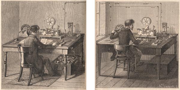Estación telegráfica. A la izquierda, transmisión, y a la derecha, recepción. A. Ganot. Course de physique. Chez L’Auteur-editeur, París, 1881.
