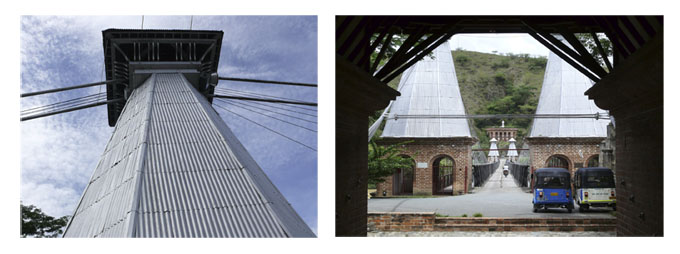 Izquierda :Detalle de uno de los torreones en la portada oriental. Foto Luis Fernando González Escobar. Derecha : Vista del puente desde la parte oriental. Foto Luis Fernando González Escobar.