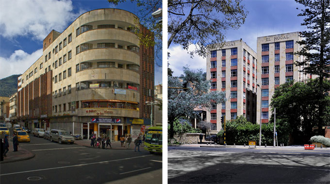 Izq.: Edificio Alberto Sanz (1936-1937), Bogotá. Arquitecto Nel Rodríguez Haeusler. Foto Antonio Castañeda. Der.: Residencias El Nogal, Bogotá. Foto Antonio Castañeda.