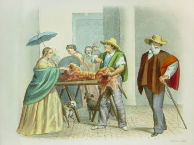 Vendedora de carne y carnicero de Bogotá. Acuarelas de Ramón Torres Méndez. Álbum de Cuadros de Costumbres. París, A. de la Rue, 1860.