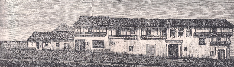 Santa Fe de Bogotá, antigua acera occidental de la Plaza de Bolívar, Papel Periódico Ilustrado, 1881-1887.