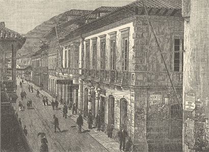 Banco de Bogotá, primer banco de la capital fundado en 1870. Grabado de Ricardo Moros Urbina. Papel Periódico Ilustrado,1884-1889.