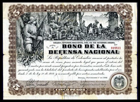 Bono del empréstito forzoso para la guerra con el Perú. República de Colombia, noviembre 1 de 1932. Colección Banco de la República.