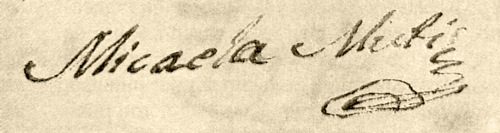 Firma autógrafa de Micaela Mutis en una carta de protesta por el embargo de sus bienes. San Juan de Girón, 16 de noviembre de 1822. Archivo General de la Nación, Bogotá.