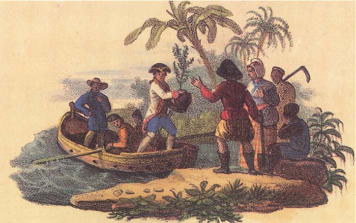 Grabado que ilustra la llegada, a Martinica, del capitán de navío Gabriel Mathie de Clieu quien trajo a tierras americanas la primera planta de café en 1723.