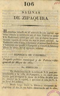 Informe del juez Manuel María Quijano en su visita a la salina de Zipaquirá, 1830. Colección Biblioteca Nacional de Colombia.