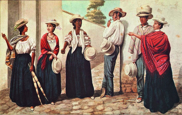Tejedoras y mercaderes de sombreros de nacuma en Bucaramanga. Acuarela de Carmelo Fernández, 1850. Biblioteca Nacional, Bogotá.