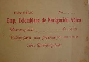 Pasaje para vuelos deportivos de la Compañía Colombiana de Navegación Aérea, 1920. Archivo personal de Margarita Echavarría de Uribe, Medellín.