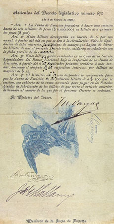 Reverso de un billete de $500 del Banco Nacional, febrero de 1900. Entre otras, lleva la firma del ministro del tesoro, M. Vargas.