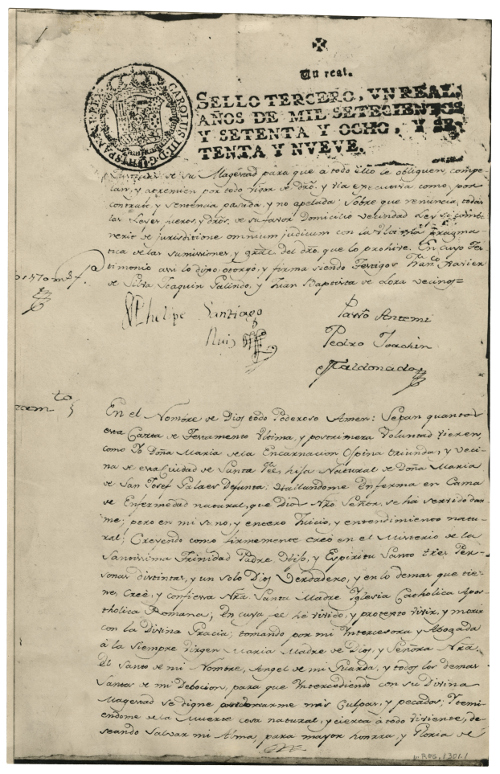 Facsimilar del testamento de María Lugarda Ospina "La Marichuela", 1779. Colección Museo Nacional de Colombia. Reg. 1301