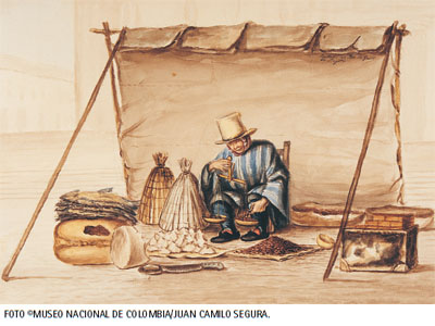 Vendedor del mercado de Bogotá (Débitant du marché de Bogotá), ca. 1835. Acuarela de José María Groot. Colección Museo Nacional de Colombia. Reg. 5503.