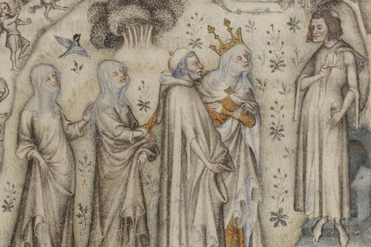 Guillaume de Machaut, retratado a la derecha en esta miniatura francesa del siglo XIV. Foto: Creative Commons. 