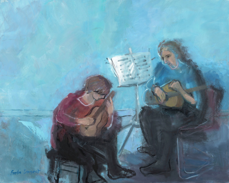 Freda Sargent, Clase de guitarra, 2017, Óleo sobre tela. Foto cortesía galería El Museo. 