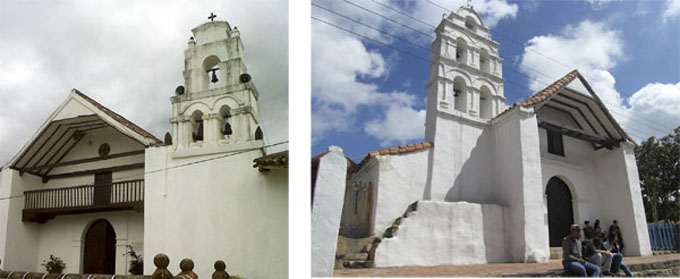 Der.: Templo doctrinero de Sáchica. Foto Sandra Reina.  Izq.: Templo doctrinero de Tausa viejo. Foto Sandra Reina.